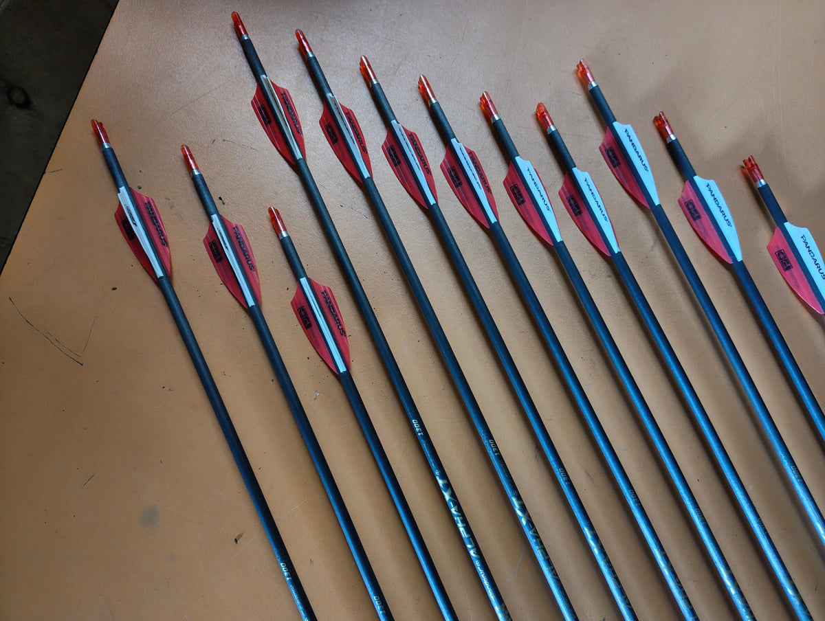 Set of 12 Pandarus Alpha XT arrows, 25". Carbon fibre
